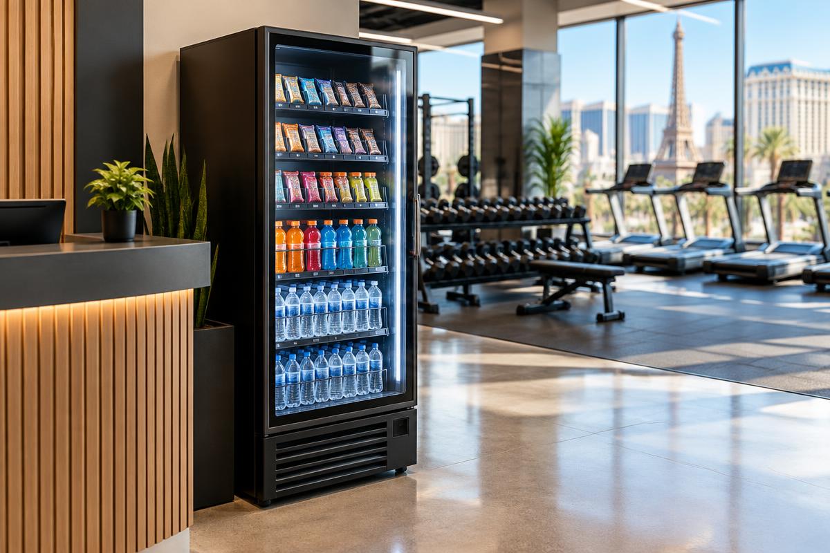 A modern vending machine stocked with drinks and protein snacks in a bright Las Vegas gym