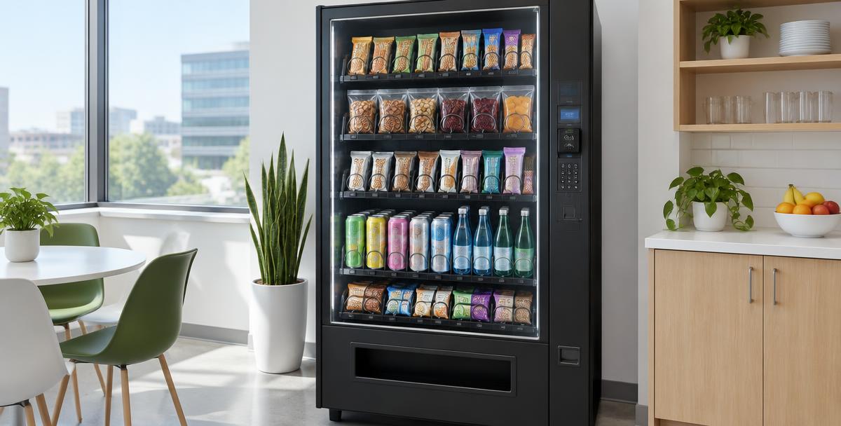 A modern vending machine stocked with healthy snacks and drinks in a bright office break room