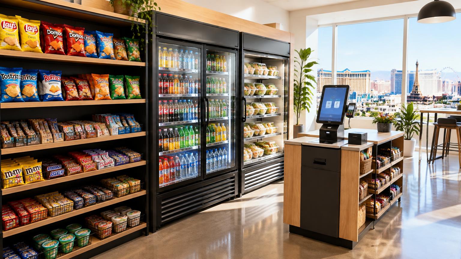 A modern self checkout micro market with snack shelves, drink coolers, and a payment kiosk in a Las Vegas office break room