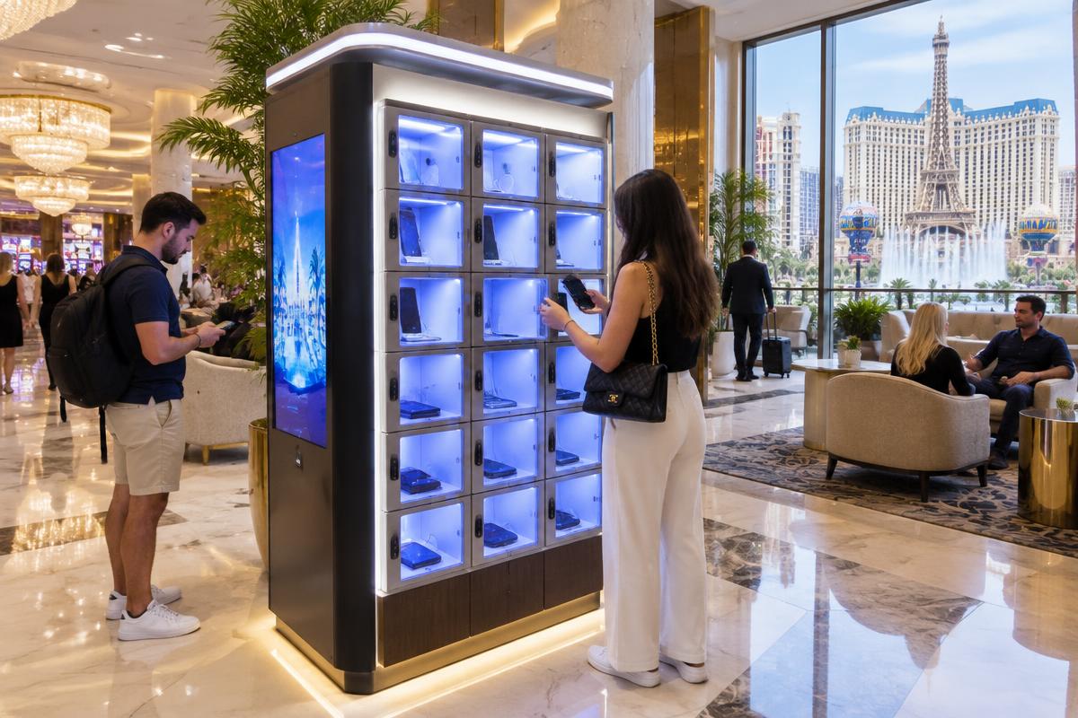 A phone charging kiosk with lit lockers in a bright hotel lobby